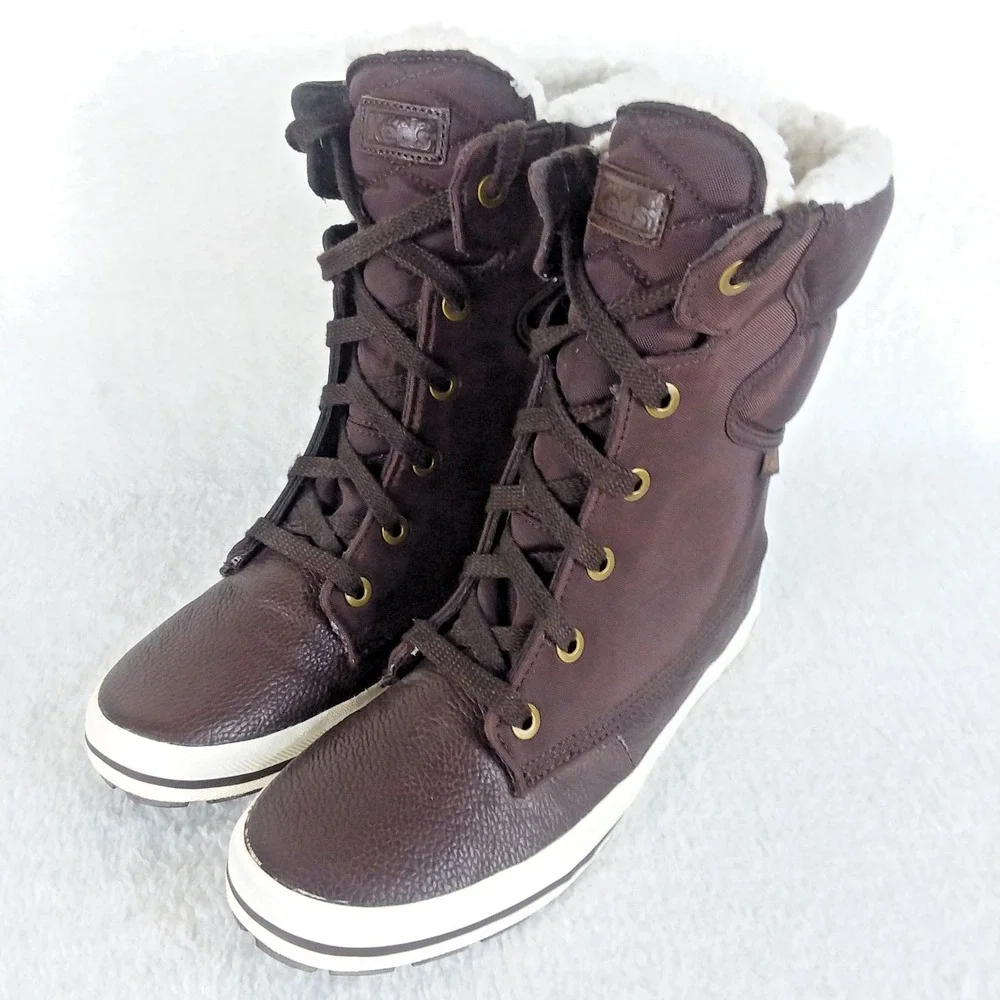 Keds Droplet Leather Canvas Dark Brown Winter Boots Fleece Lined‎ Women's 8.5